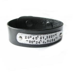 Latitude Longitude Hand Stamped Leather Bracelet..