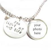 You light up my life Necklace Personalized Hand Stamped Pendant & Your Photo Glass silver Pendant Keepsake Memorial Gift Mother daughter