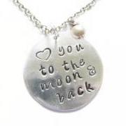 Silver Personalized Necklace Hand Stamped Love you to the moon & back pendant pearl charm engrave birthday wedding