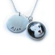 Pet Necklace Personalized Love Your Dog Cat Hand Stamped metal & Glass Pendant Photo Keepsake Memorial Gift Birthday