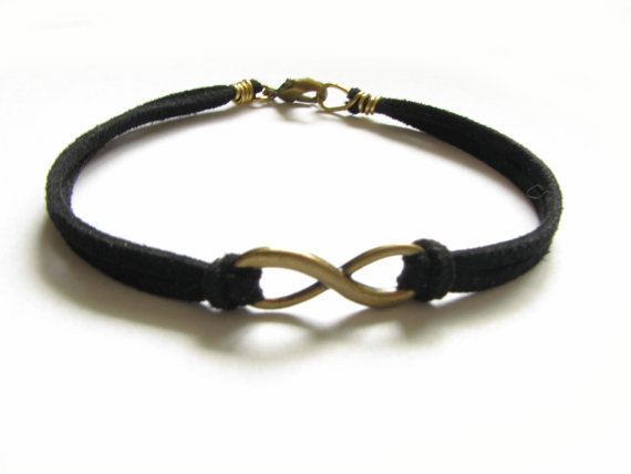 Bronze Infinity Bracelet Knot Wire Wrapped Black Leather Suede Bronze Jewelry