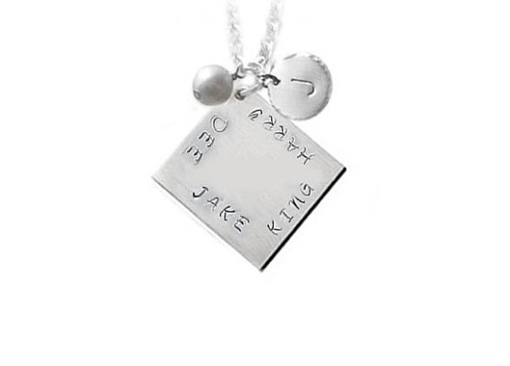 Square Hand Stamped Necklace Personalized Jewelry Initial Pendant Charm Engraved Birthday Gift