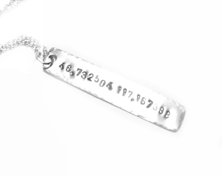 Longitude Latitude Necklace Hand Stamped Personalized Hammered Edge Rectangle Pendant Engraved Gift Wedding Birthday