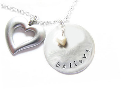 Believe Necklace Metal Hand Stamped Pendant Chain Heart Mother Of Pearl