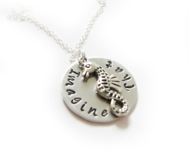 Seahorse Hand Stamped Necklace Personalized Jewelry Chain Engraved Pendant Gift