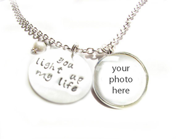 You Light Up My Life Necklace Personalized Hand Stamped Pendant & Your Photo Glass Silver Pendant Keepsake Memorial Gift Mother Daughter