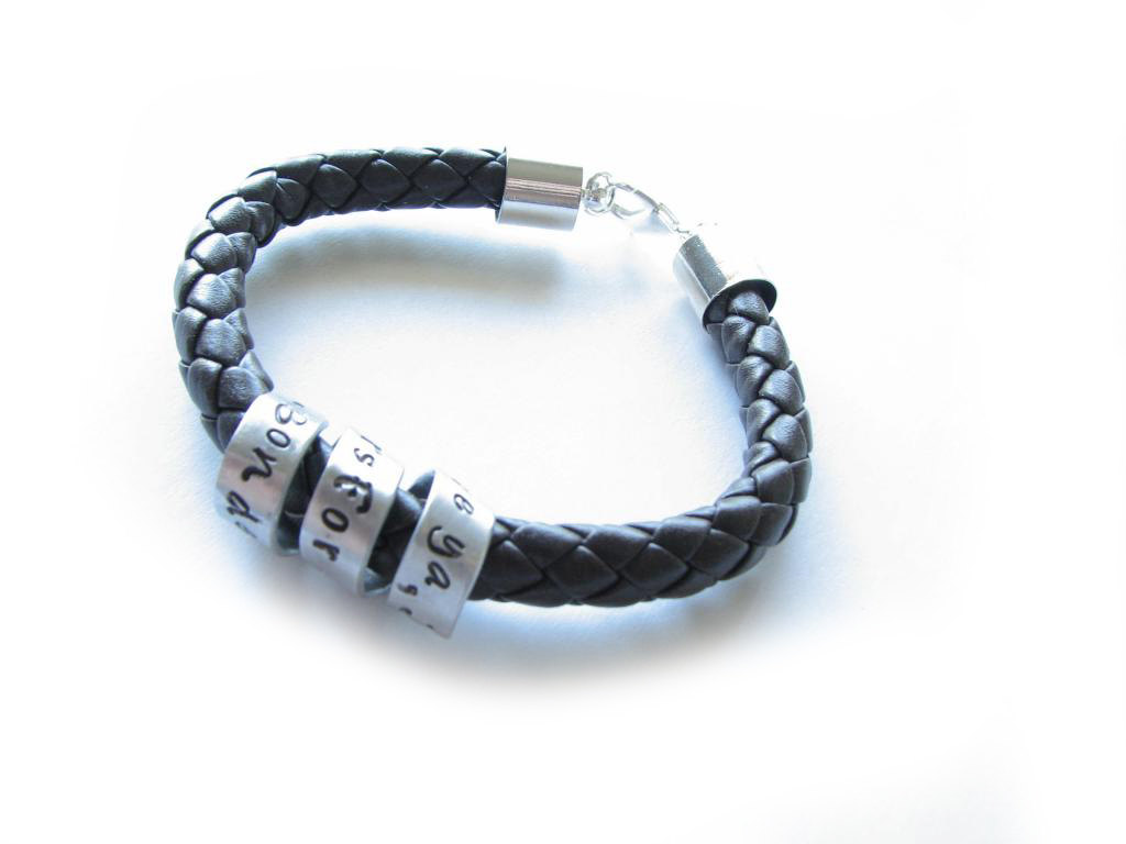 Braided Spiral Leather Bracelet Unisex Men Custom Hand Stamped Black Brown Leather Engraved Jewelry