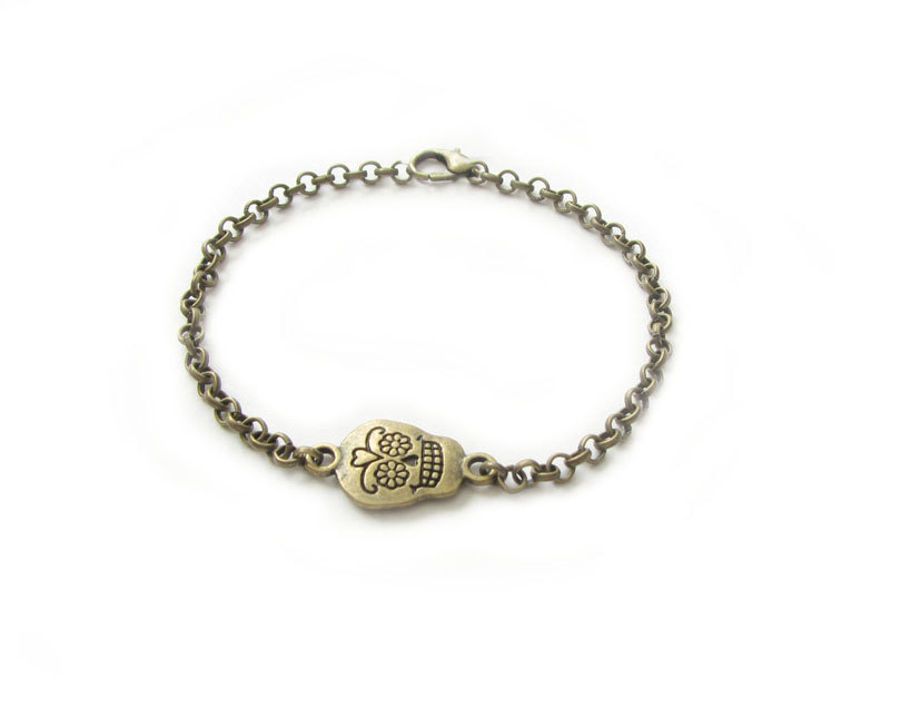 Bronze Sugar Skull Bracelet Brass chain linked bracelet gift birthday sister mother friend