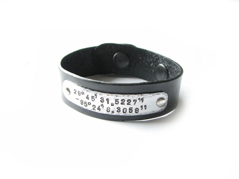 Latitude Longitude Hand Stamped Leather Bracelet Riveted Hammered Engraved Jewelry Birthday