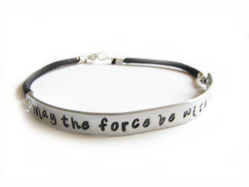 Star Wars Bracelet May The Force Be With You Hand Stamped Bracelet Wire Wrapped Black Leather Suede Jewelry