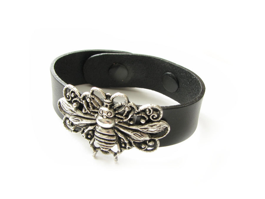 Bee Leather Bracelet Black Or Dark Brown Leather Silver Jewelry