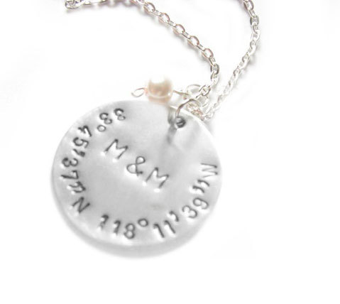 Latitude Longitude Necklace Hand Stamped Personalized Initial Pendant gift swarovski pearl charm