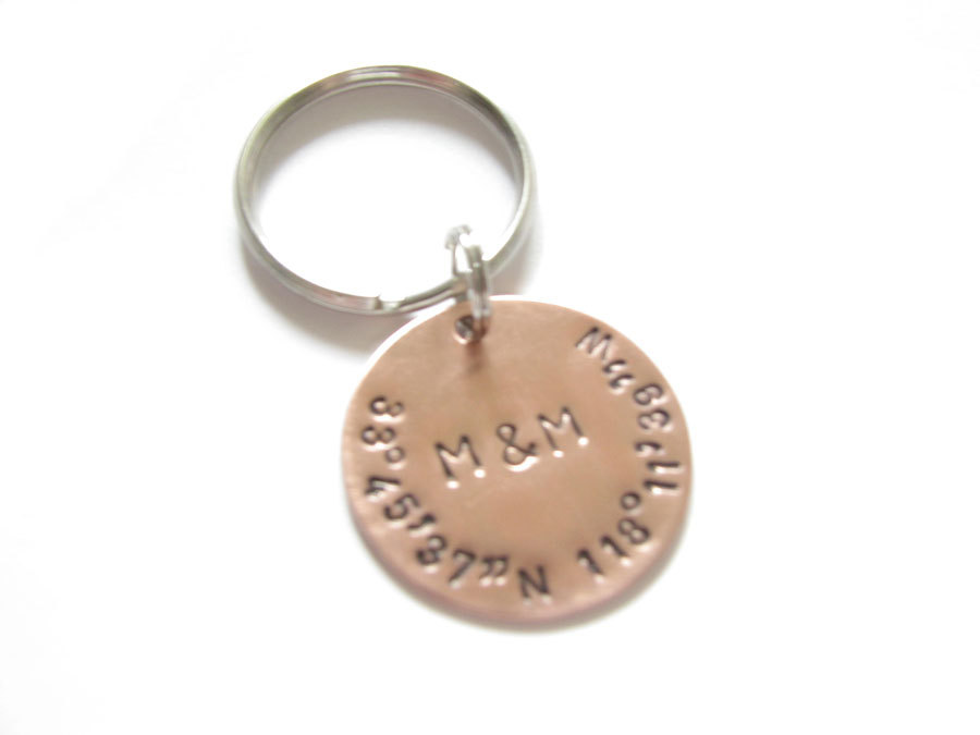 Longitude Latitude Keychain Hand Stamped Key Chain Gift For Men Woman Wedding Birthday Silver Brass Copper