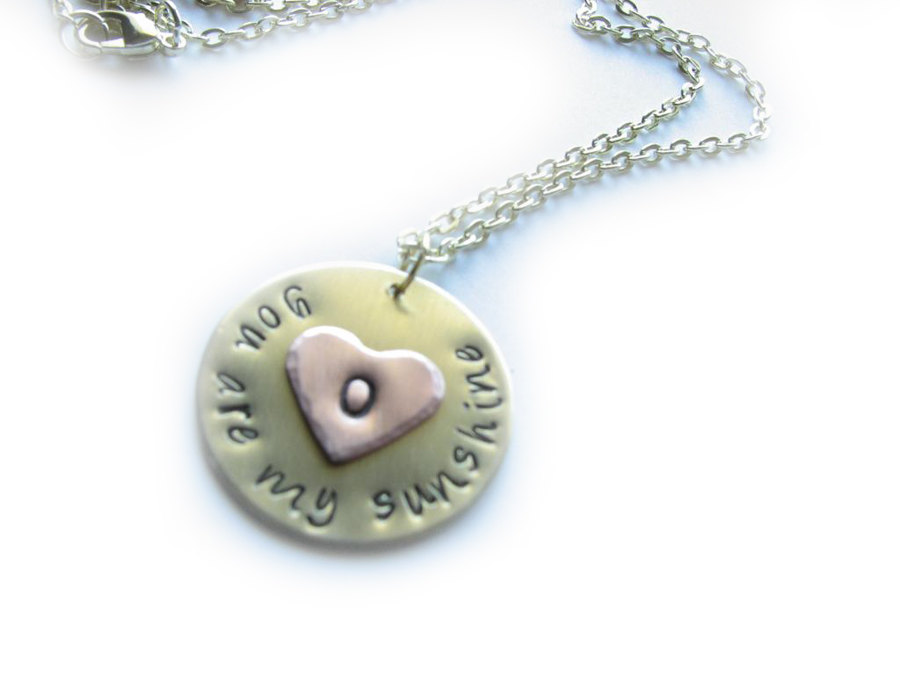 Sunshine Heart Necklace You Are My Sunshine Hand Stamped Initial Engraved Pendant Gift Wedding Birthday
