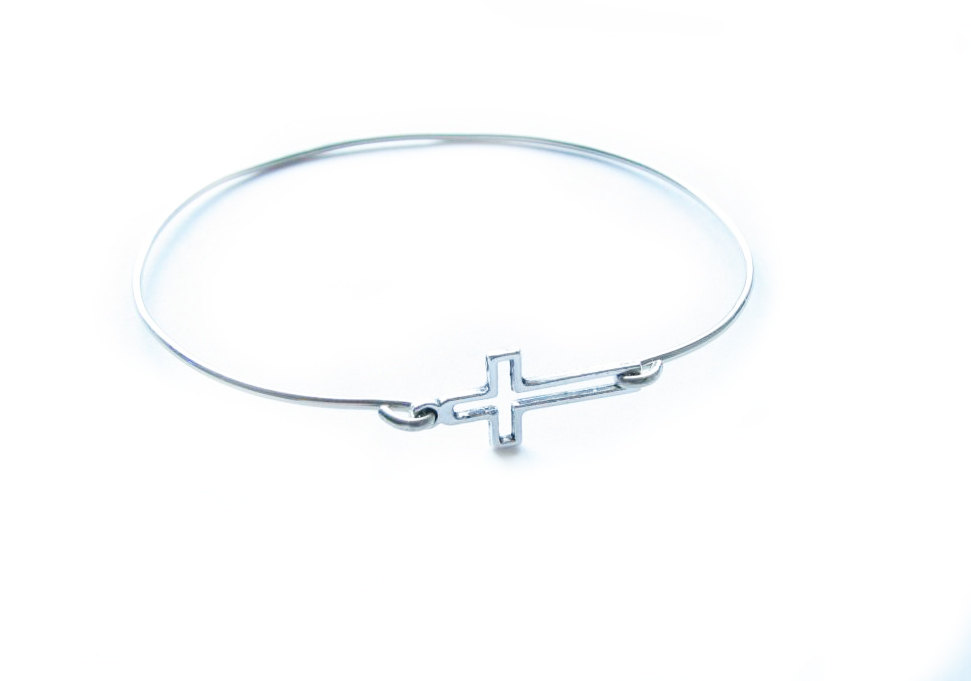 Sideway Silver Cross Bracelet Bangle In Your Size Religious Jewelry Gift For Birthday Wedding