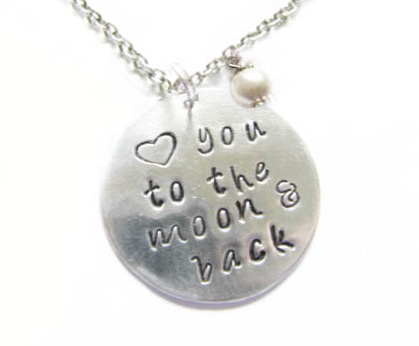 Silver Personalized Necklace Hand Stamped Love You To The Moon & Back Pendant Pearl Charm Engrave Birthday Wedding