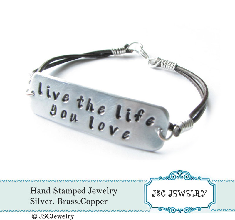 Leather Hand Stamped Bracelet Wire Wrapped Leather Engraved Jewelry