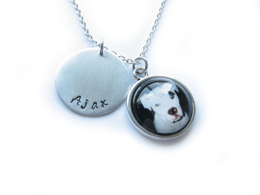 Pet Necklace Personalized Love Your Dog Cat Hand Stamped Metal & Glass Pendant Photo Keepsake Memorial Gift Birthday