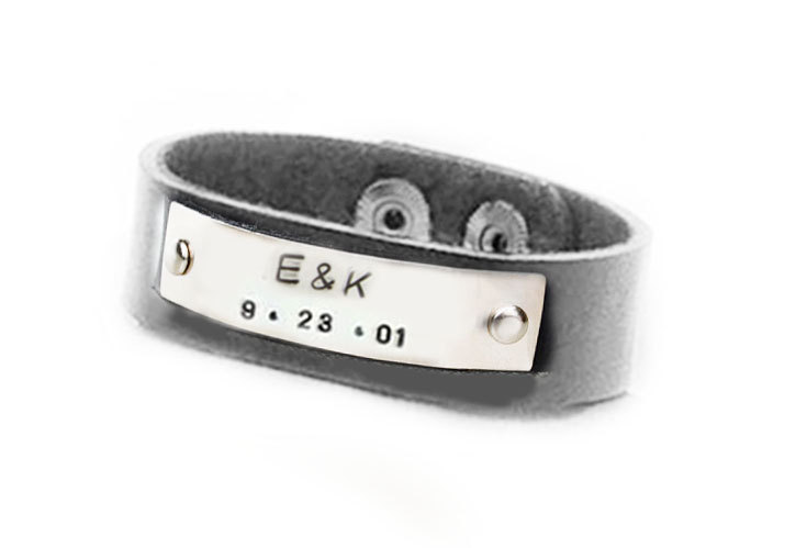 Customize Leather Bracelet Riveted Hand Stamped Cuff Black Leather Engraved Jewelry Birthday