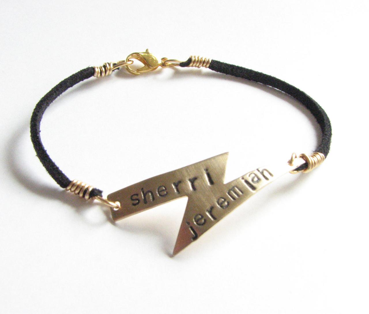 Lightning Bolt Bracelet Hand Stamped Black Suede Leather Engraved Personalized Jewelry