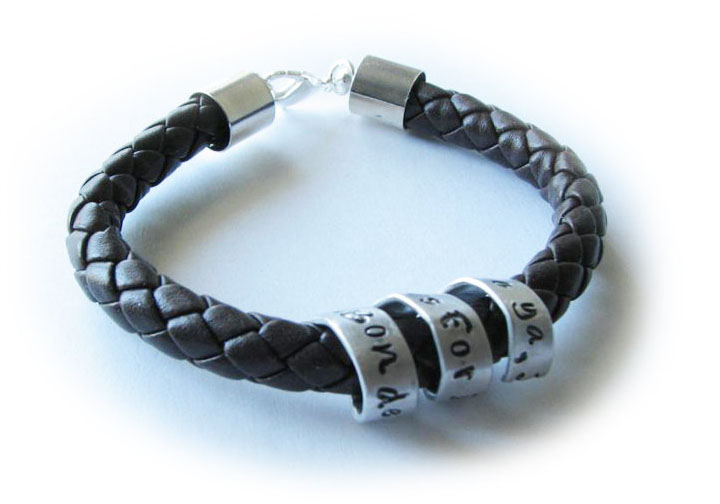 Braided Spiral Leather Bracelet Unisex Men Custom Hand Stamped Black Brown Leather Engraved Jewelry