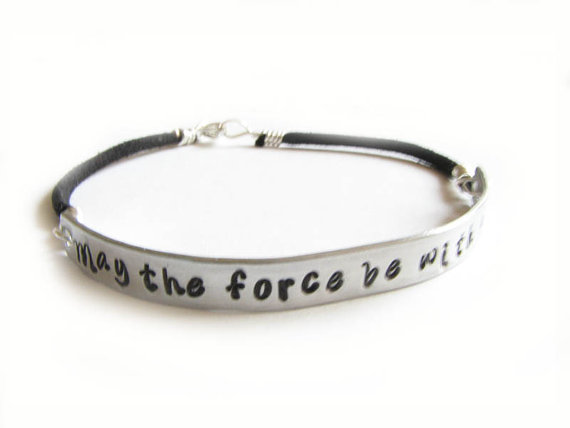 Silver Star Wars Bracelet May The Force Be With You Hand Stamped Bracelet Wire Wrapped Black Leather Suede Jewelry
