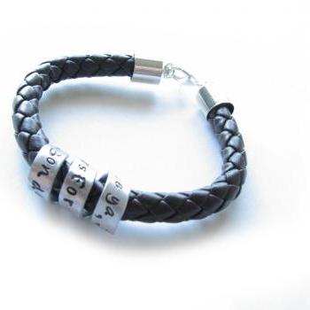 Braided Spiral Leather Bracelet Unisex Men Custom Hand stamped Black Brown Leather engraved Jewelry
