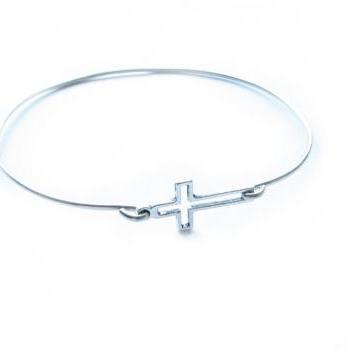 Sideway Silver Cross Bracelet Bangle in your size religious Jewelry gift for birthday wedding