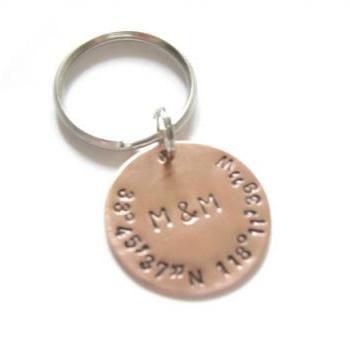 Longitude Latitude KeyChain Hand Stamped Key Chain Gift For Men Woman Wedding Birthday Silver Brass Copper